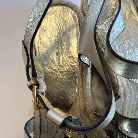 TORY BURCH Women's 10 Gold Fisherman Espadrille Wedge Platform Sandals Round Toe - Picture 7 of 12